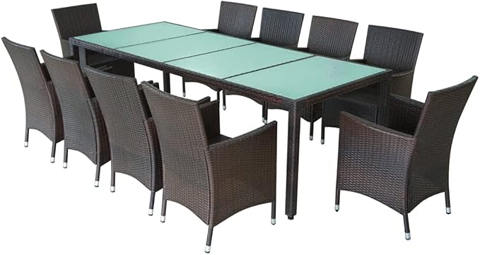 11 Piece Patio Dining Set with Cushions Poly Rattan Brown Outdoor Garden Furniture Table and 10 Chairs Weather Resistant for Al Fresco Dining Relaxing Glass Top Steel Frame Cream White