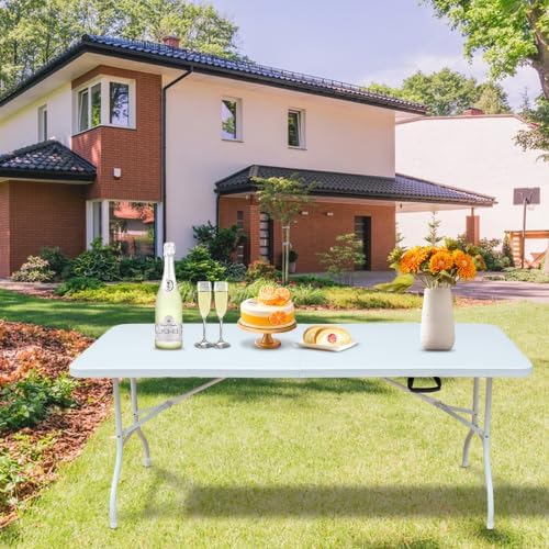 IDEALHOUSE 6 Ft Plastic Folding Table, Portable Fold-in-Half Table with Iron Legs, Carrying Handle, Outdoor Rectangular Fold Out Table for Dining, Picnic, Party, Camping, Barbecues, White