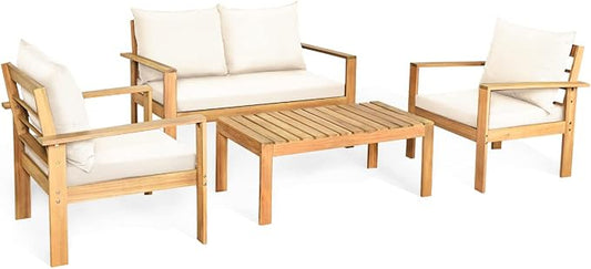 HAPPYGRILL 4 Piece Patio Furniture Set Outdoor Conversation Set Wood Sofa Table Set with Cushions, Acacia Wood Chairs & Coffee Table Set for Garden Backyard Poolside