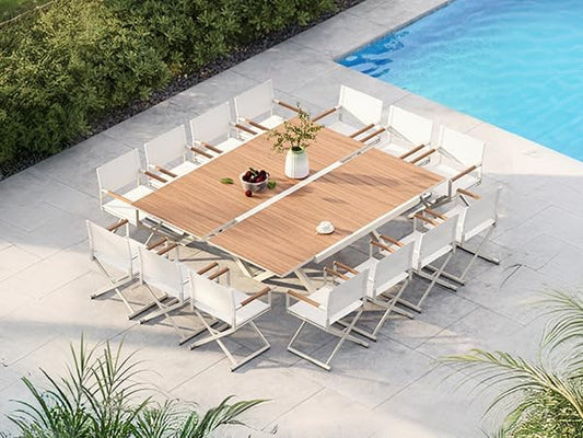 Grand patio 16-Piece Outdoor Dining Set, 14 Extra-Wide Folding Chairs & 2 Rectangle Expandable Table, Sling Mesh Patio Chairs with Wood Grain Table for Yard, Poolside, Deck, Apricot