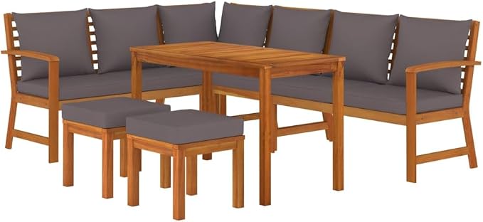 7-Piece Solid Acacia Wood Patio Dining Set with Dark Gray Cushions, Water-Resistant Outdoor Furniture for Backyard and Garden