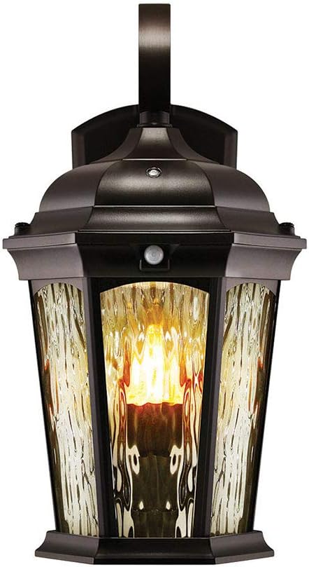 Euri Lighting EFL-130W-MD Flickering Flame Porch Light, Water Glass, with Integrated Security Light (3000K), Motion-Sensor, Dusk-to-Dawn, Oil Rubbed Bronze Housing | Integrated Security Light (3000K), Dusk-to-dawn, Water Glass, Oil Rubbed Bronze Housing