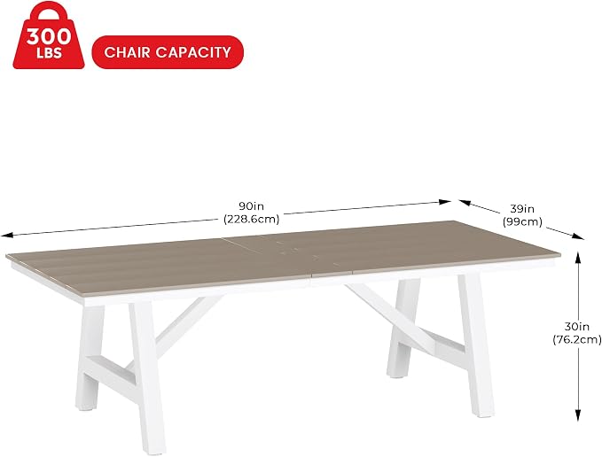 Costaelm Rectangle Patio Table, 8-Person Backyard Table 90" HDPE Dining Table with Umbrella Hole and Metal Frame for Outside, Garden, Poolside, Deck, Porch, Balcony, Weathered Wood