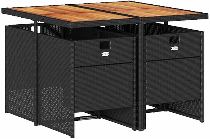 5-Piece Garden Dining Set, Outdoor Patio Table and 4 Chairs with Cushions for Backyard and Terrace, Acacia Wood and Black PE Rattan Furniture, Cream Cushions