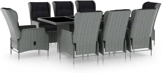 9 Piece Patio Dining Set Light Gray Poly Rattan | Adjustable Backrest Armchairs, Powder-Coated Steel Frame, Glass Tabletop, Removable Cushion Covers