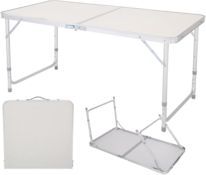 4ft Portable Folding Camping Table,Outdoor Adjustable Foldable Picnic Camp Suitcase Table for Picnic, BBQ, Party, Beach,White