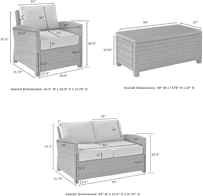Crosley Furniture Bradenton 4-Piece Outdoor Loveseat Patio Furniture Set, Wicker Conversation Sets for Porch, Brown with Sand Cushions