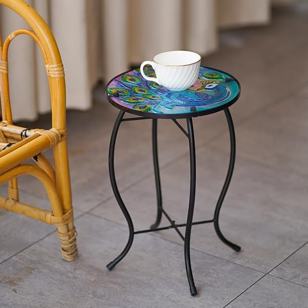 10 Inch Round Peacocks Glass Side Table, Patio Small Table, Outdoor Side Table, Outdoor Bar Table, Metal Glass End Table for Porch Garden Patio Pool Living Room