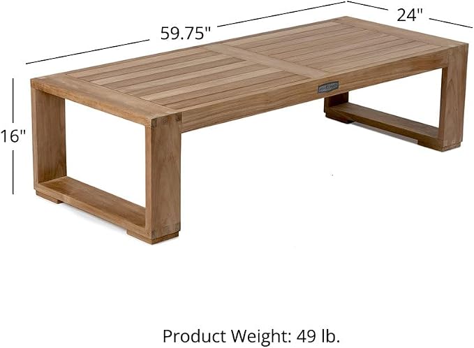 TITAN GREAT OUTDOORS Ash & Ember Sierra Grade A Teak Coffee Table, 16" Tall Outdoor Hand-Sanded Accent Table, 59.75"x24" Slated Tabletop, Reinforced with Finger Joints & Solid Brass Hardware