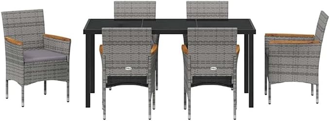 Afuera Living 7 Piece Patio Dining Set, Poly Rattan and Steel Construction, Gray Finish with Cushions, Tempered Glass Tabletop, Acacia Wood Armrests, Modern Outdoor Furniture for Gardens and Terraces