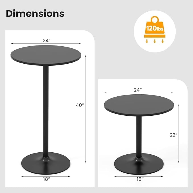 ERGOMASTER Two-in-one Adjustable Height Bar Tables, 24-inch Round Cocktail Table with Sturdy Metal Base, 40"/22" Two Convertible Height High Top Pub Table for Home Bar, Restaurant Bistro (6, Black)