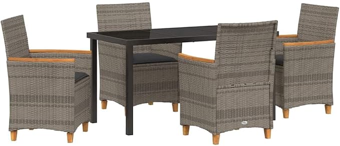 5 Piece Poly Rattan Garden Dining Set, Patio Table and 4 Chairs with Cushions, Modern Grey Outdoor Furniture for Backyard Terrace