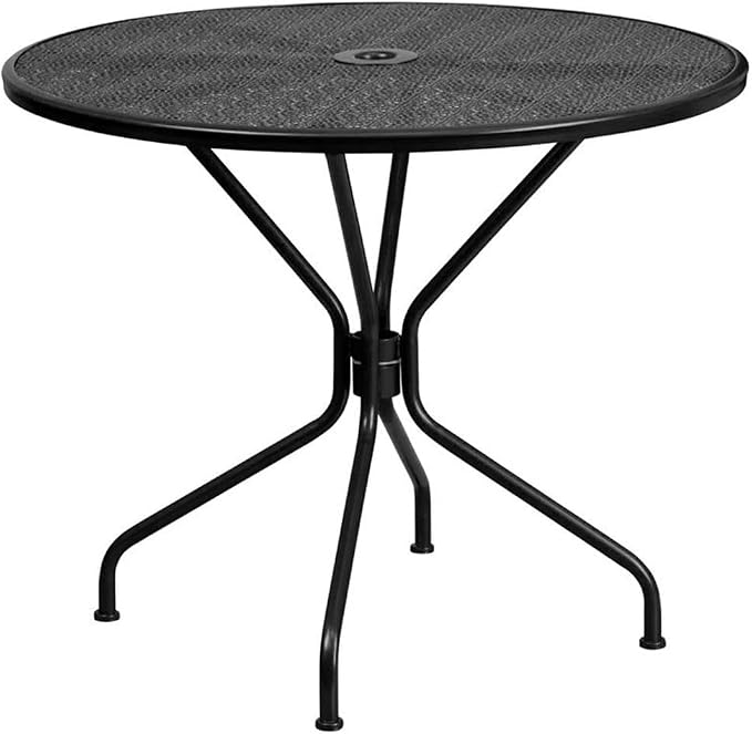 Afuera Living 35.25" Round Steel Patio Dining Table, Black Powder Coat Finish, Rain Flower Print Top with Umbrella Hole, Indoor/Outdoor Use, Durable Bistro, Cafe, Restaurant, or Home Patio Table