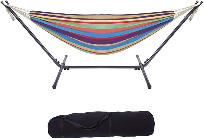 Hammock with Stand, Double Cotton Hammock with Space Saving Steel Stand, Heavy Duty Outside Garden Yard Outdoor 250lb Capacity Standing Hammocks and Portable Carrying Bag
