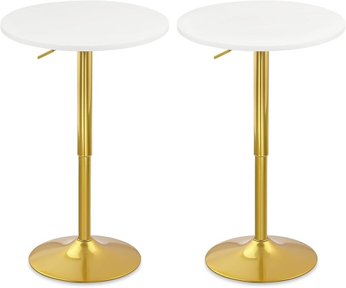 CLATINA Round Bar Pub Table, 26"-36" Height Adjustable Bistro Tables with Gold Base, 360°Swivel High Top Cocktail Table for Home Kitchen Party Drink Restaurant Wedding Cafe Office Reception,White,2PK