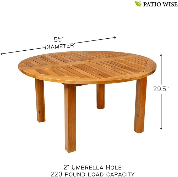 Patio Wise Round Acacia Wood Patio Table, Indoor/Outdoor Wooden Dining Tables, Deck, Balcony, & Porch Furniture, 57-Inches Long x 57" Wide x 29 ½ -Inches High with 2-Inch Umbrella Hole, Teak