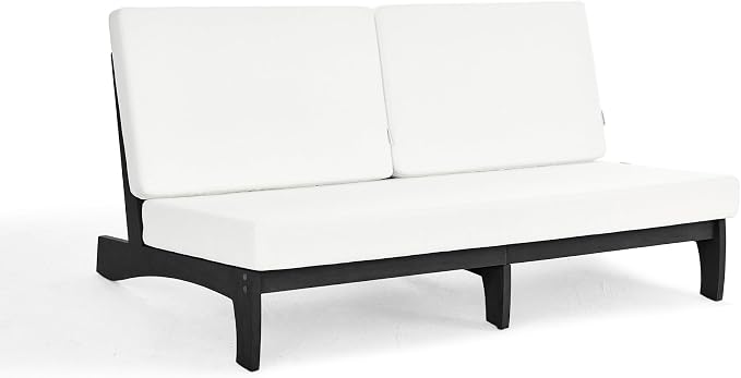 Outdoor Furniture Patio Couch, Weather Resistant 3-Seater Patio Sofa with Removable Cushion, Black Solid Wood Frame for Porch & Backyard Seating - Beige