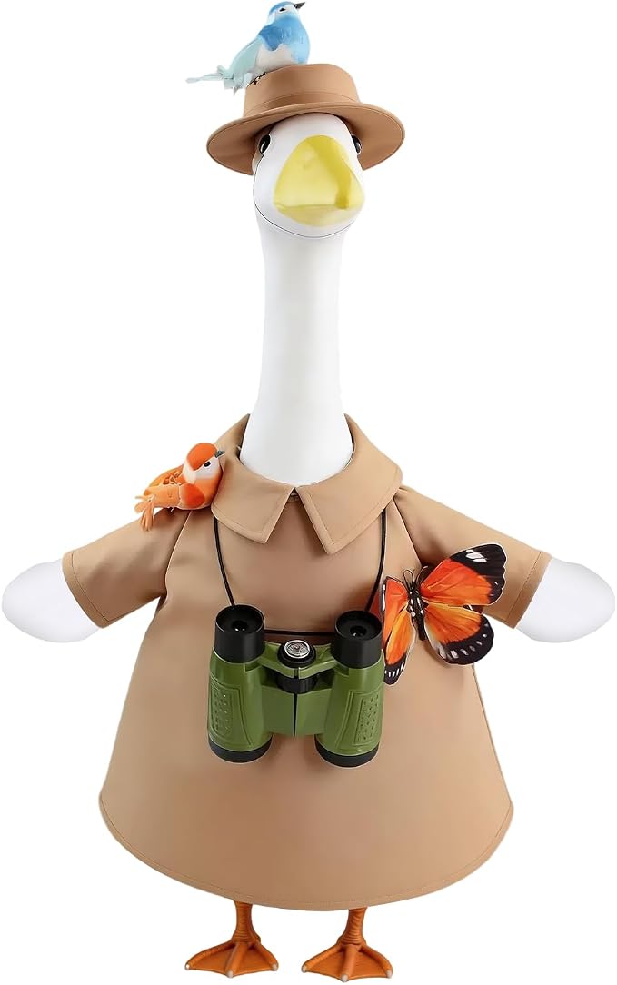 Explorer Porch Goose Outfits– Bird Watching Safari Adventure Costume with Hat, Binoculars, Butterfly & Birds – 23" Lawn Porch Goose Clothes for Spring Summer Patio Yard Garden Decor (Safari)