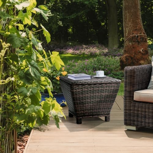 Outdoor Table with Storage, 13 Gallon Wicker Small Outdoor Storage Box Patio Side Tables for Outside Porch Poolside Deck Garden， Brown