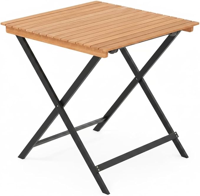 Tangkula 28-Inch Acacia Wood Patio Dining Table, Square Foldable Outdoor Table with Slatted Tabletop, Portable Outside Bistro Dining Table for Backyard, Porch, Balcony