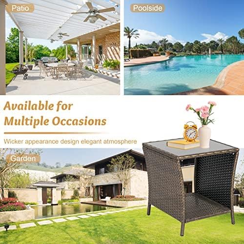 Outdoor Small Patio Table - PE Rattan Coffee Table, Wicker Side Table for Patio, Balcony & Porch, Durable & Iron Frame (2, Dark Blonde)