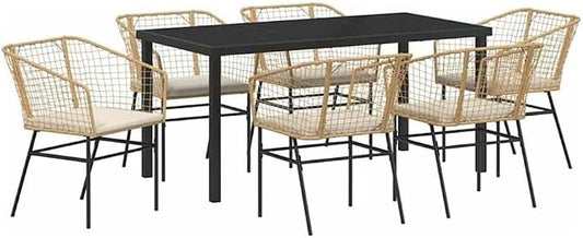 Afuera Living 7 Piece Patio Dining Set, Poly Rattan and Steel Frame, Brown Finish, UV-Resistant, Glass Tabletop, Seating for 6, Durable Outdoor Furniture for Garden or Patio Gatherings