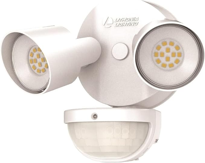 Lithonia Lighting HomeGuard 2-Light LED Outdoor Flood Lights, Motion Sensor | White Motion Sensor Outdoor Lights with Dusk to Dawn, 4000K Cool White, Round Heads (HGX LED 2RH 40K 120 MO WH M2)