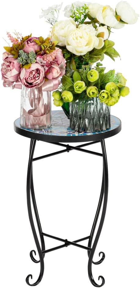 Mosaic Patio Table,Outdoor Side Table,14inch Accent Table Plant Stand Decor, Small Vintage Outdoor End Table with Stained Glass Mosaic & Iron Frame for Patio Garden Balcony Poolside (Blue)