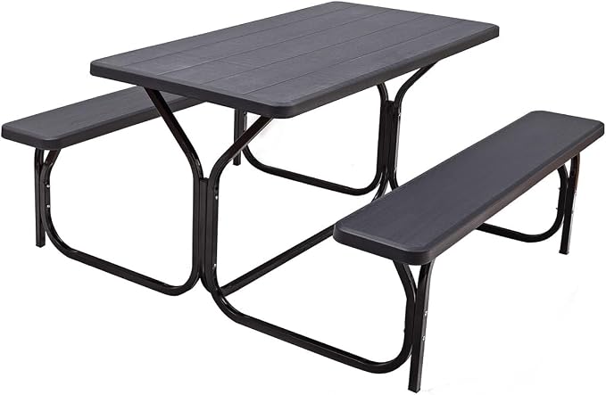 Picnic Table, Outdoor Table Bench Set with Metal Frame & Wood-Like Texture, Large Picnic Table with All Weather-Resistant Tabletop, Camping Picnic Tables for Patio, Lawn, Dining Party