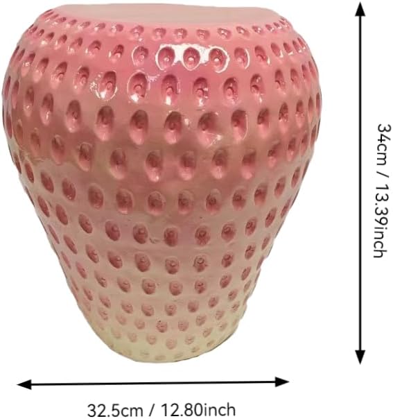14'' Garden Fruit Design Stool, Decorative Patio Side Tables for Outside / Indoor, Drum Table & Plant Stands Stools for Patio Balcony Living Room, Home Decor, Weather-Resistant (Pink, Strawberry)
