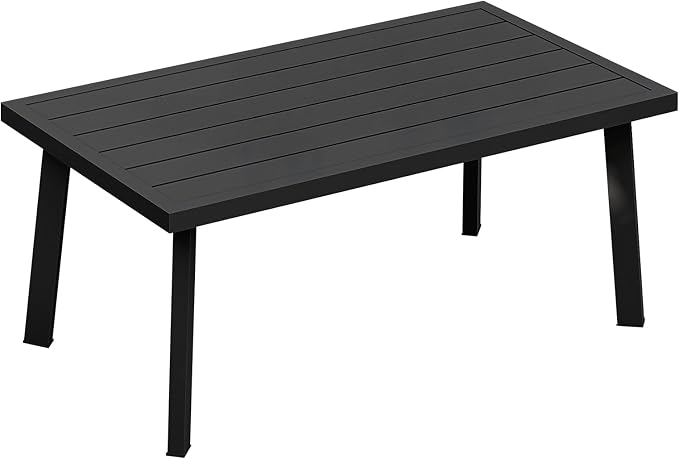 Patio Coffee Table, Never-Rust Aluminum Outdoor Coffee Table with Wood Grain Texture, Modern Rectangle Garden Coffee Table with Slatted Tabletop for Poolside, Decks, Indoor, Backyard, Black
