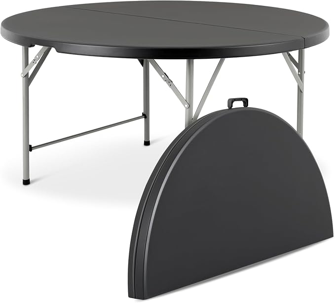 Athena Collection 5ft Folding Table, Portable Plastic Round Table Foldable Card Table, Indoor Outdoor Collapsible Craft Desk Dining Table with Lock & Handle for Commercial Event Party Camping, Black