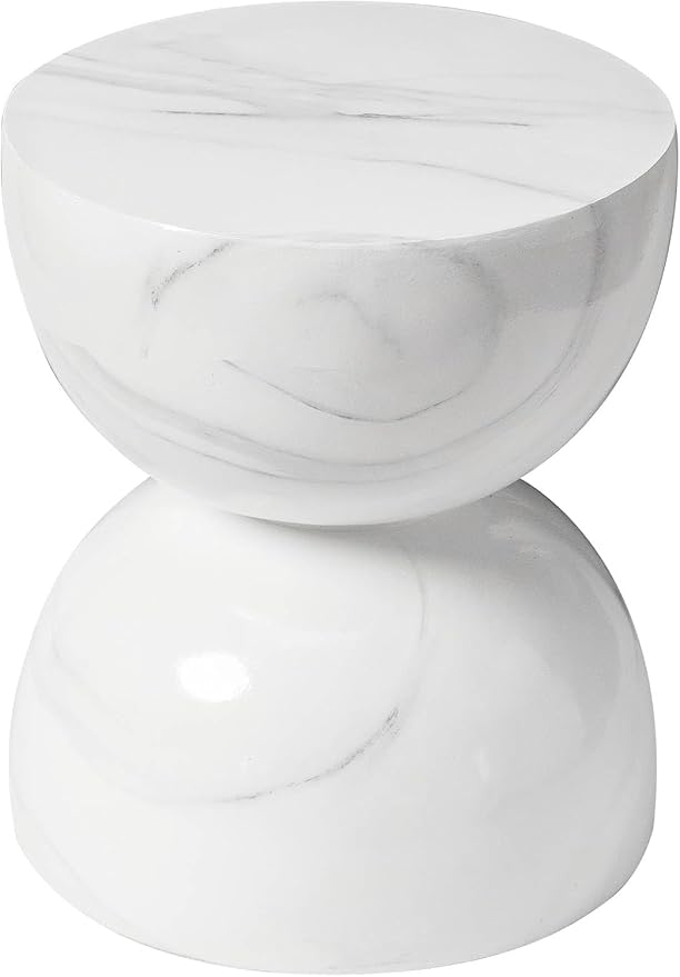 LeisureMod Minimalist Side Table, Fiber Stone Round Hourglass Accent End Table Stool for Outdoor Patio, Indoor Home, Living Room Sofa, Weather-Resistant, Sage Series in Marble White