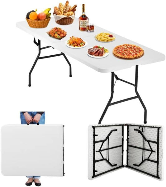 Dkeli Folding Table | 6 ft Folding Picnic Table Portable | Heavy Duty Dining Table | Fold in Half with Handle and Sturdy Steel Frame for Outdoor Indoor Camping, Picnic and Party, White