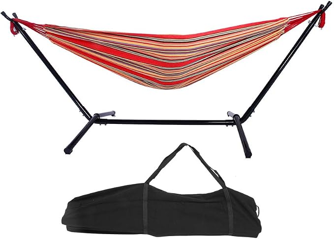 9 Ft Portable Outdoor Hammock Set with Iron Stand, Heavy Duty 2-Person, Polyester, for Backyard and Camping (Red)