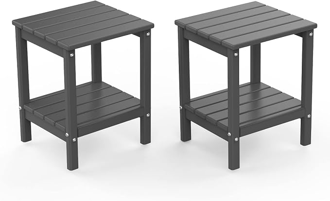 BRIOPAWS Outdoor-Side-Tables | Set of 2 | Small | HDPE Plastic | Patio End-Table | 2-Shelf Adirondack Outside Tables | All Weather | for Poolside Front Porch Indoor Living Room | 14" x 13" | Grey