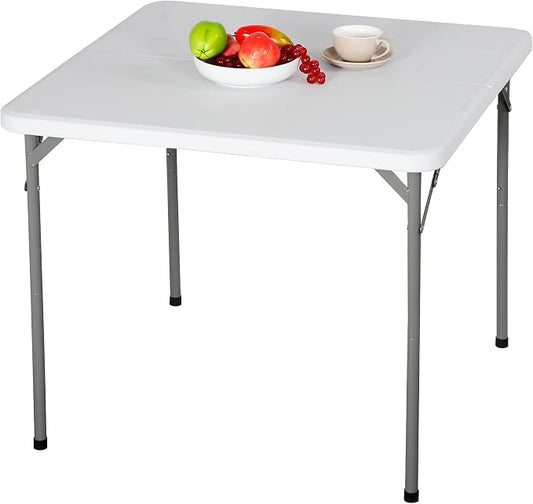 34" Square Folding Table, Heavy Duty Portable Plastic Card Table for Picnic Party Camping Dining Indoor Outdoor, Lightweight, White