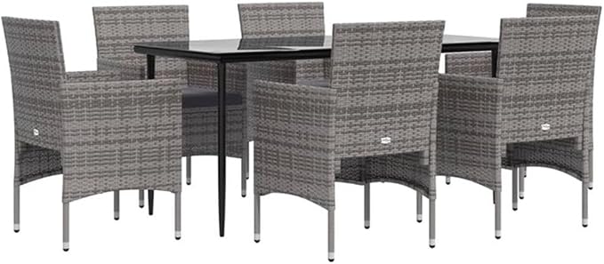 Afuera Living 7-Piece Garden Dining Set, Powder-Coated Steel Frame, Tempered Glass Tabletop, Weather-Resistant Cushions, Gray and Black Finish, Modern Patio Furniture for Outdoor Gatherings