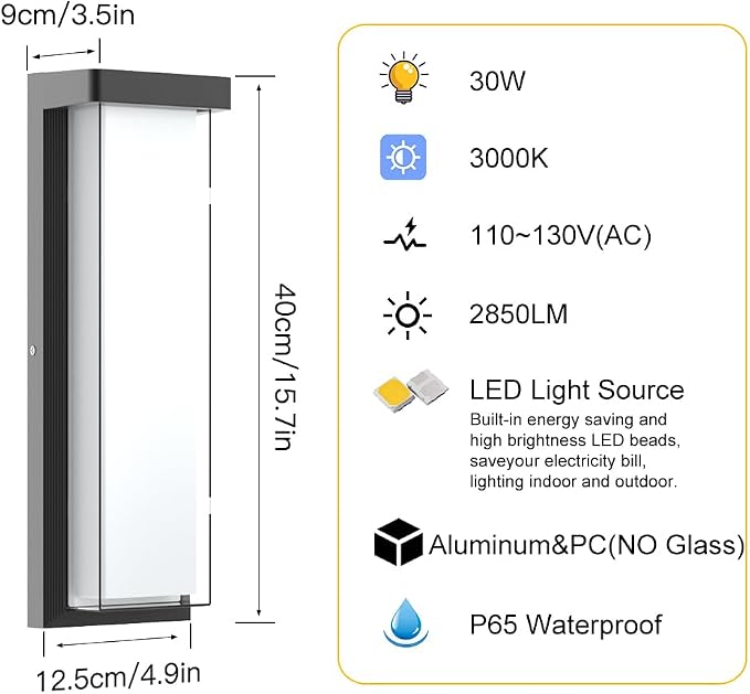 Outdoor Wall Sconce Light Fixture,16in Dimmable Modern Porch Wall Light,3000K Black Exterior Sconce Light Mounted for House Garage Porch Courtyard(1 Pack)