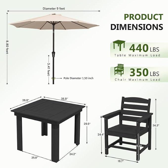 KINGYES HDPE Outdoor Dining Set for 4 with Umbrella, 6-Piece Square Patio Table & Armchairs, All-Weather for Backyard, Garden, Lawn & Poolside, Black