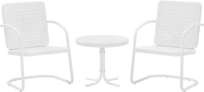 Crosley Furniture Bates 3-Piece Outdoor Chair and Side Table Set, Retro Metal Bistro Patio Conversation Sets, White Gloss and White Satin