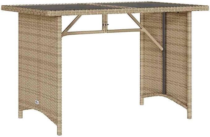 Beige Garden Table Rectangular with PE Rattan, Powder-Coated Steel Frame, and Tempered Glass Top for Outdoor Dining