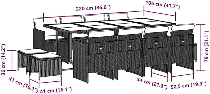 Large Rectangular Garden Dining Set for 12, Black PE Rattan and Tempered Glass, Foldable Chairs and Stackable Stools for Patio Balcony Backyard