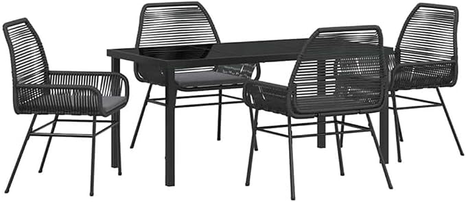 Afuera Living 5 Piece Poly Rattan Patio Dining Set, Black Finish, Tempered Glass Table, Cushioned Seats, Powder-Coated Steel Frame, UV-Resistant, Modern Outdoor Furniture for Garden or Patio