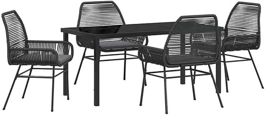 Afuera Living 5 Piece Poly Rattan Patio Dining Set, Black Finish, Tempered Glass Table, Cushioned Seats, Powder-Coated Steel Frame, UV-Resistant, Modern Outdoor Furniture for Garden or Patio