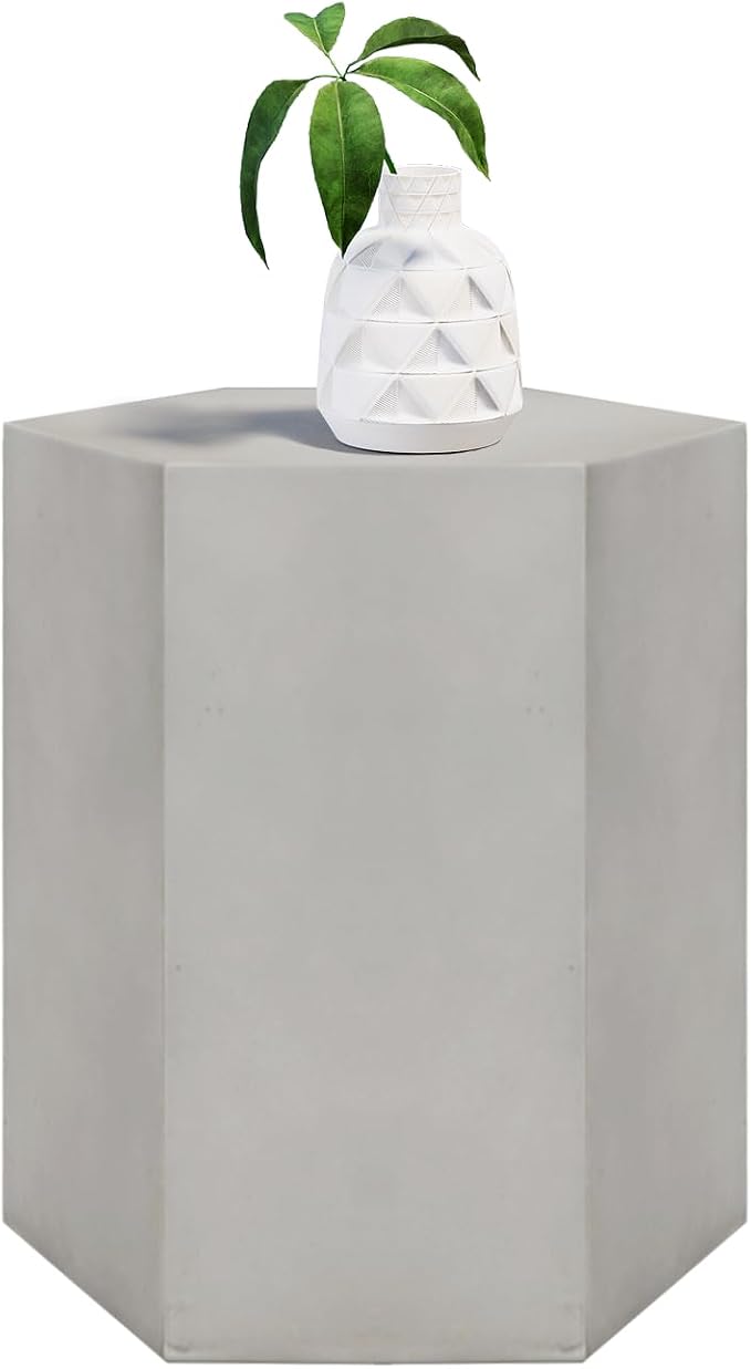 HOMPUS Concrete Side Table, Hexagon Outdoor Side Table, Modular Design Accent Table, Indoor Patio End Tables, Light Grey Home Décor for Living Room, Bedroom or Backyard (14.5" L x 12.5" W x16 H)