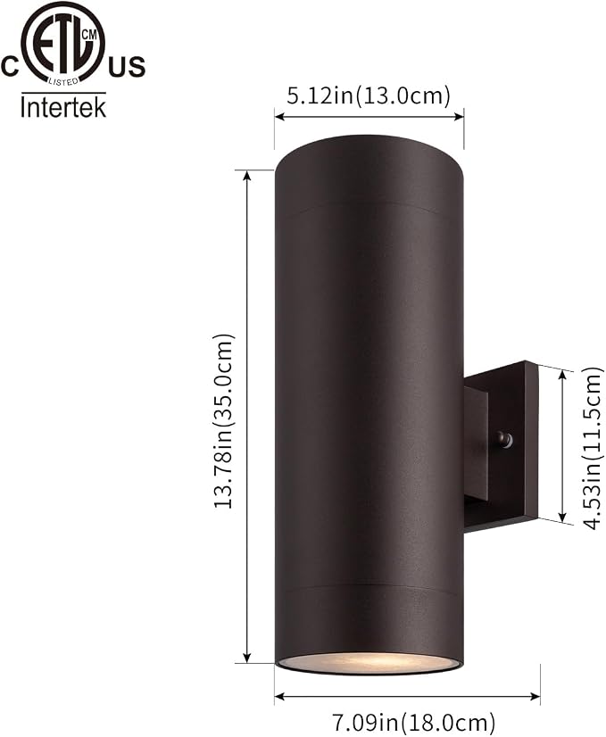 mirrea 12" Modern Outdoor Porch Light 2 Lights, 2 Pack, Oil Rubbed Bronze | Aluminum cylinder exterior fixtures, tempered glass cover, waterproof wall sconce & patio light for outdoor use.