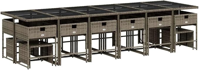 17 Piece Patio Dining Set, Outdoor PE Rattan Furniture for Garden, Backyard, and Patio, 16-Seater Table and Chair Cube Seating with Comfortable Cushions, Grey