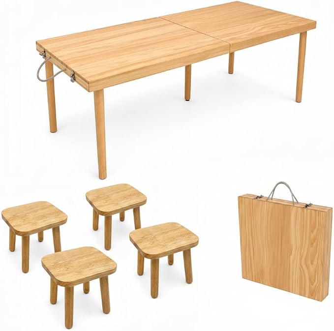 Folding Wooden Picnic Table Set with 4 Stools, All-in-One Storage Box Design Portable Solid Wood Dining Set for Indoor Home, Outdoor Camping, Beach and Patio