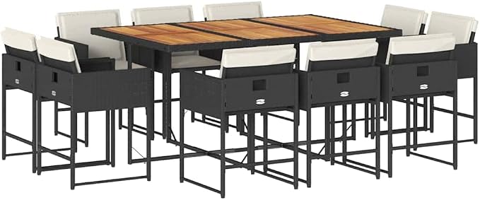 11 Piece Patio Dining Set with Cushions Black Poly Rattan Outdoor Table and 10 Foldable Chairs for Garden Backyard BBQ, Acacia Wood Top, Cream White Seat Pads, UV Proof, 242.5 lb Capacity